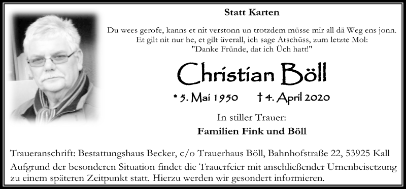  Traueranzeige für Christian Böll vom 11.04.2020 aus Kölner Stadt-Anzeiger / Kölnische Rundschau / Express