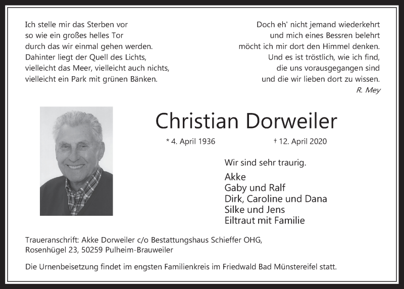  Traueranzeige für Christian Dorweiler vom 30.04.2020 aus  Werbepost 