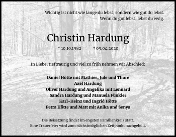 Anzeige von Christin Hardung von Kölner Stadt-Anzeiger / Kölnische Rundschau / Express