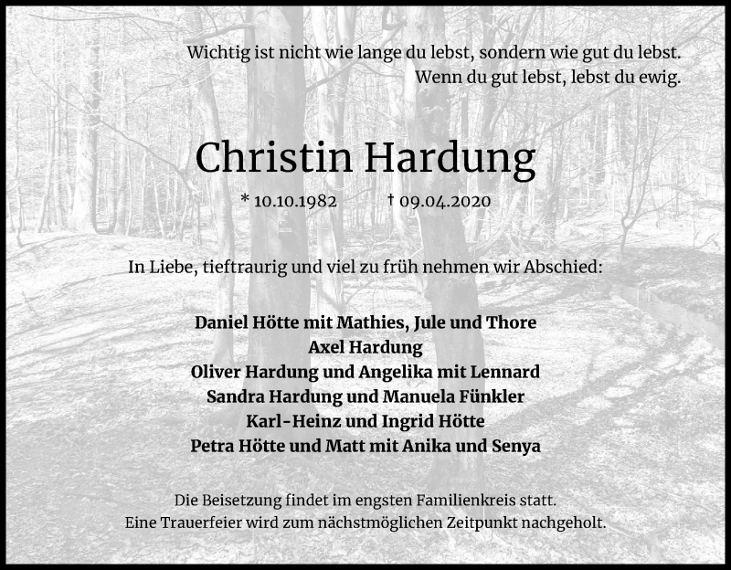  Traueranzeige für Christin Hardung vom 25.04.2020 aus Kölner Stadt-Anzeiger / Kölnische Rundschau / Express