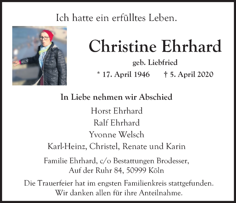  Traueranzeige für Christine Ehrhard vom 25.04.2020 aus Kölner Stadt-Anzeiger / Kölnische Rundschau / Express