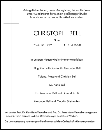 Anzeige von Christoph Bell von Kölner Stadt-Anzeiger / Kölnische Rundschau / Express