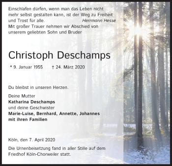 Anzeige von Christoph Deschamps von Kölner Stadt-Anzeiger / Kölnische Rundschau / Express