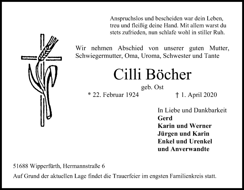  Traueranzeige für Cilli Böcher vom 04.04.2020 aus Kölner Stadt-Anzeiger / Kölnische Rundschau / Express