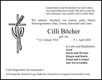 Anzeige von Cilli Böcher von Kölner Stadt-Anzeiger / Kölnische Rundschau / Express