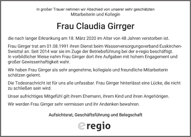  Traueranzeige für Claudia Girrger vom 04.04.2020 aus  Blickpunkt Euskirchen 