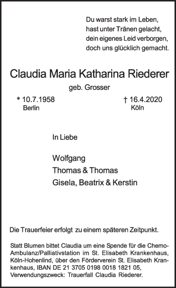 Anzeige von Claudia Maria Katharina Riederer von  Schlossbote/Werbekurier 