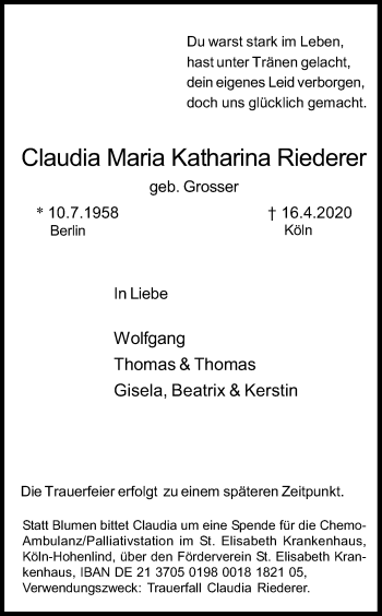 Anzeige von ClaudiaMaria Katharina Riederer von Kölner Stadt-Anzeiger / Kölnische Rundschau / Express