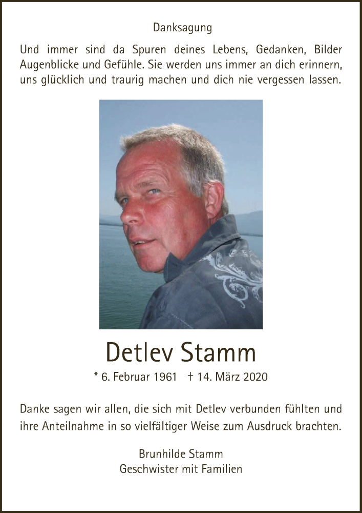 Traueranzeige für Detlev Stamm vom 30.04.2020 aus  Anzeigen Echo 