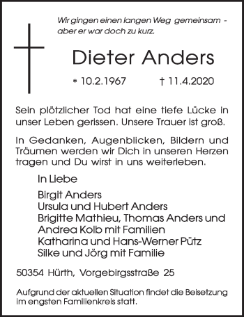 Anzeige von Dieter Anders von  Schlossbote/Werbekurier 