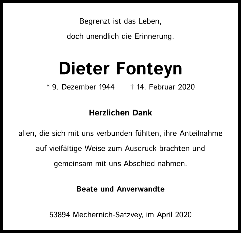  Traueranzeige für Dieter Fonteyn vom 11.04.2020 aus Kölner Stadt-Anzeiger / Kölnische Rundschau / Express
