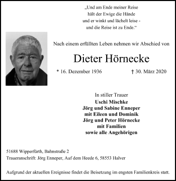 Anzeige von Dieter Hörnecke von Kölner Stadt-Anzeiger / Kölnische Rundschau / Express