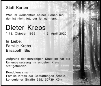 Anzeige von Dieter Krebs von Kölner Stadt-Anzeiger / Kölnische Rundschau / Express
