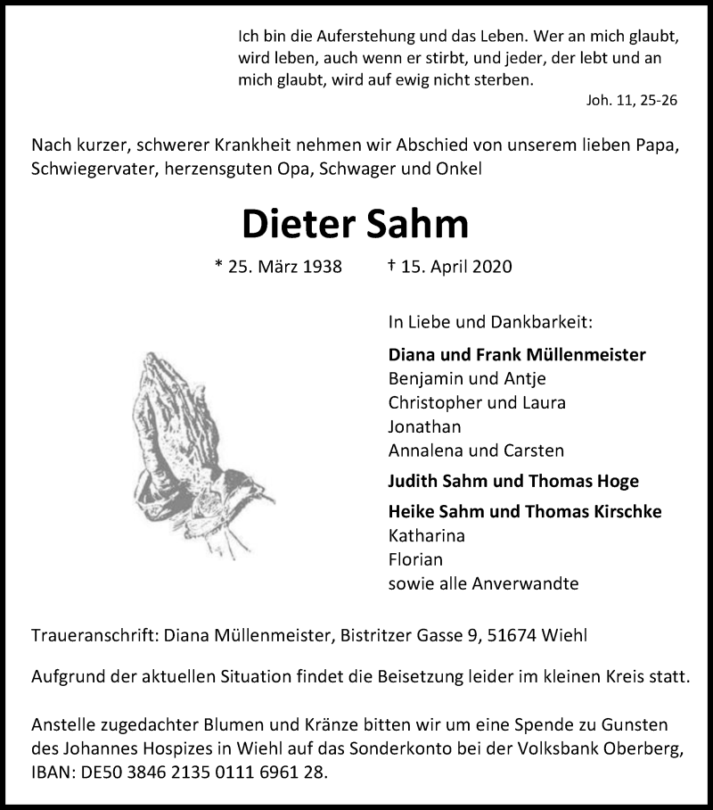  Traueranzeige für Dieter Sahm vom 21.04.2020 aus Kölner Stadt-Anzeiger / Kölnische Rundschau / Express