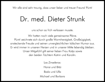 Anzeige von Dieter Strunk von Kölner Stadt-Anzeiger / Kölnische Rundschau / Express