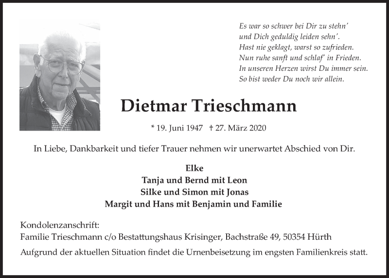 Traueranzeige für Dietmar Trieschmann vom 03.04.2020 aus  Wochenende 