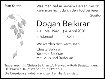 Anzeige von Dogan Belkiran von Kölner Stadt-Anzeiger / Kölnische Rundschau / Express