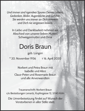 Anzeige von Doris Braun von  Kölner Wochenspiegel 