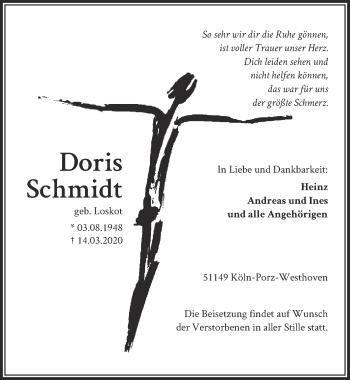 Anzeige von Doris Schmidt von  Kölner Wochenspiegel 