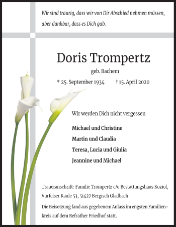 Anzeige von Doris Trompertz von Kölner Stadt-Anzeiger / Kölnische Rundschau / Express
