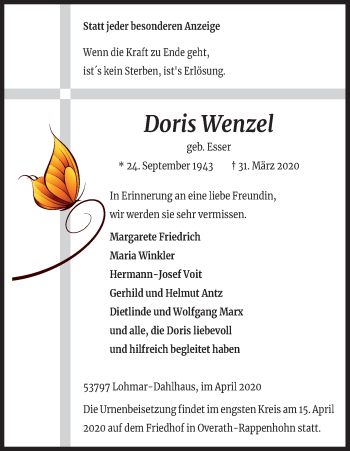Anzeige von Doris Wenzel von Kölner Stadt-Anzeiger / Kölnische Rundschau / Express
