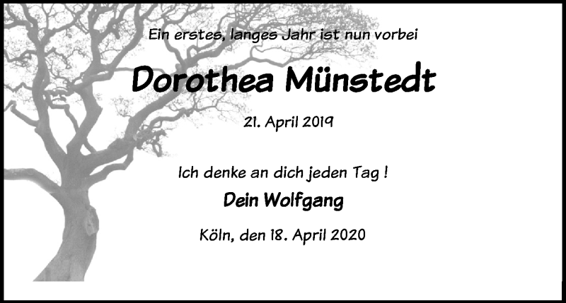  Traueranzeige für Dorothea Münstedt vom 18.04.2020 aus Kölner Stadt-Anzeiger / Kölnische Rundschau / Express