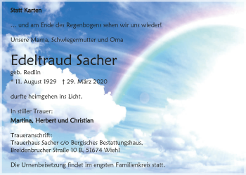 Anzeige von Edeltraud Sacher von  Anzeigen Echo 