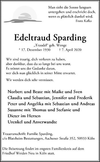 Anzeige von Edeltraud Sparding von Kölner Stadt-Anzeiger / Kölnische Rundschau / Express
