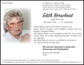 Anzeige von Edith Berscheid von Kölner Stadt-Anzeiger / Kölnische Rundschau / Express