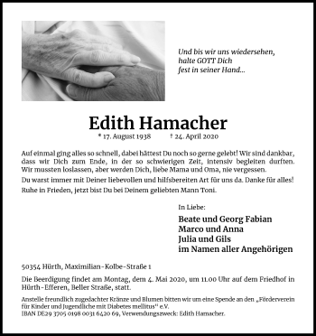 Anzeige von Edith Hamacher von Kölner Stadt-Anzeiger / Kölnische Rundschau / Express