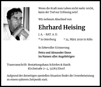 Anzeige von Ehrhard Heising von Kölner Stadt-Anzeiger / Kölnische Rundschau / Express