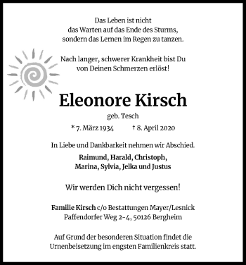 Anzeige von Eleonore Kirsch von Kölner Stadt-Anzeiger / Kölnische Rundschau / Express