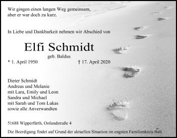 Anzeige von Elfi Schmidt von Kölner Stadt-Anzeiger / Kölnische Rundschau / Express