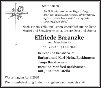 Anzeige von Elfriede Baranzke von  Schlossbote/Werbekurier 