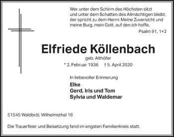 Anzeige von Elfriede Köllenbach von  Lokalanzeiger 