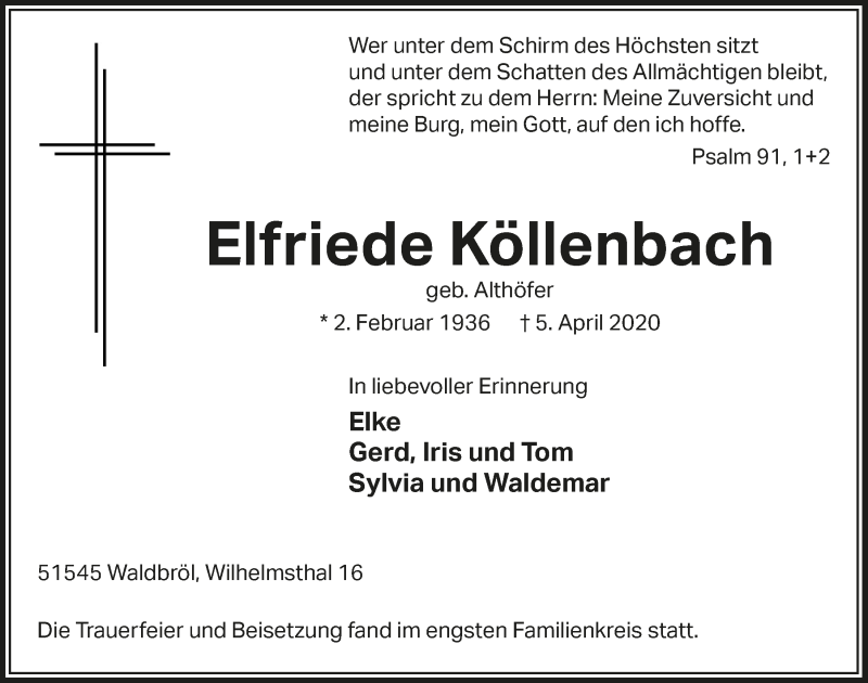  Traueranzeige für Elfriede Köllenbach vom 10.04.2020 aus  Lokalanzeiger 
