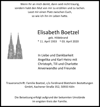 Anzeige von Elisabeth Boetzel von Kölner Stadt-Anzeiger / Kölnische Rundschau / Express