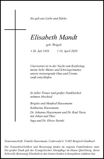 Anzeige von Elisabeth Mandt von Kölner Stadt-Anzeiger / Kölnische Rundschau / Express