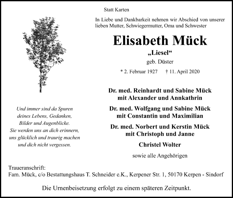 Traueranzeige für Elisabeth Mück vom 25.04.2020 aus Kölner Stadt-Anzeiger / Kölnische Rundschau / Express