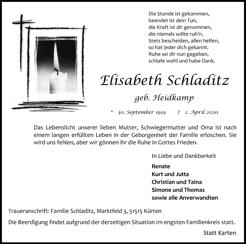  Traueranzeige für Elisabeth Schladitz vom 04.04.2020 aus Kölner Stadt-Anzeiger / Kölnische Rundschau / Express