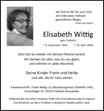 Anzeige von Elisabeth Willig von Kölner Stadt-Anzeiger / Kölnische Rundschau / Express