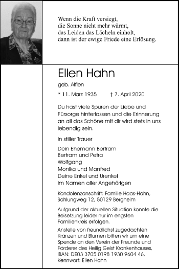 Anzeige von Ellen Hahn von Kölner Stadt-Anzeiger / Kölnische Rundschau / Express