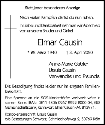 Anzeige von Elmar Causin von Kölner Stadt-Anzeiger / Kölnische Rundschau / Express