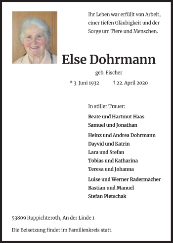 Anzeige von Else Dohrmann von Kölner Stadt-Anzeiger / Kölnische Rundschau / Express
