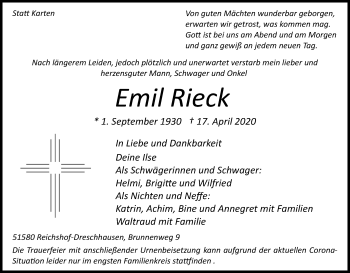 Anzeige von Emil Rieck von Kölner Stadt-Anzeiger / Kölnische Rundschau / Express
