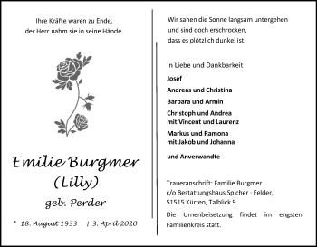 Anzeige von Emilie Burgmer von Kölner Stadt-Anzeiger / Kölnische Rundschau / Express