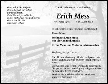 Anzeige von Erich Mess von Kölner Stadt-Anzeiger / Kölnische Rundschau / Express