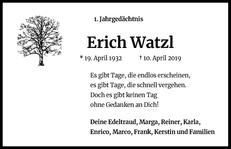  Traueranzeige für Erich Watzl vom 11.04.2020 aus Kölner Stadt-Anzeiger / Kölnische Rundschau / Express