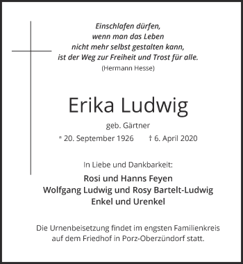 Anzeige von Erika Ludwig von  Kölner Wochenspiegel 