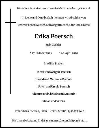 Anzeige von Erika Poersch von Kölner Stadt-Anzeiger / Kölnische Rundschau / Express